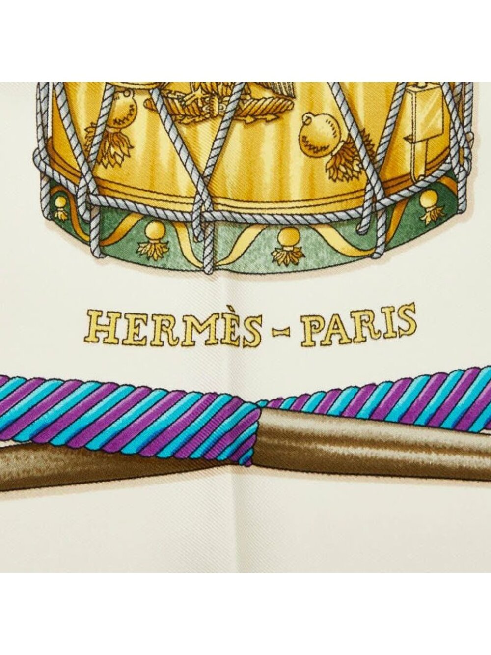 Hermes Carre 90 les Tambours Taiko Beige Scarf White Multicolor Silk - Picture 3 of 6